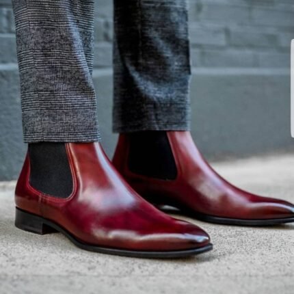 Men's Handmade Burgundy Chelsea Leather Boots - Leather Edges