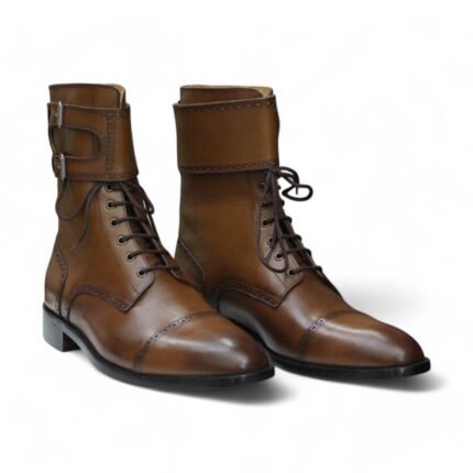 Handmade Men's Brown Lace-up and Buckle Designer Boots