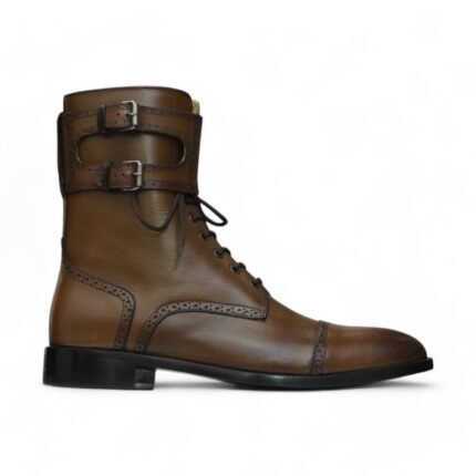 Premium Leather Brown Lace-up Boots with Buckle Detail