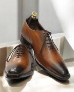 Handmade Men’s Tan Whole Cut Square Toe Oxfords Shoes - Leather Edges