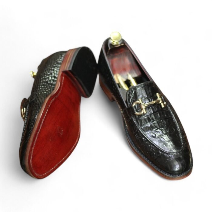 Elegant Handmade Black Horse Bit Loafers with Crocodile Leather - Leather Edges