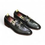 Luxury Black Crocodile Texture Leather Penny Loafers for Men - Leather Edges