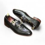 Men's Handmade Black Horse Bit Penny Loafer with Crocodile Texture Leather - Leather Edges