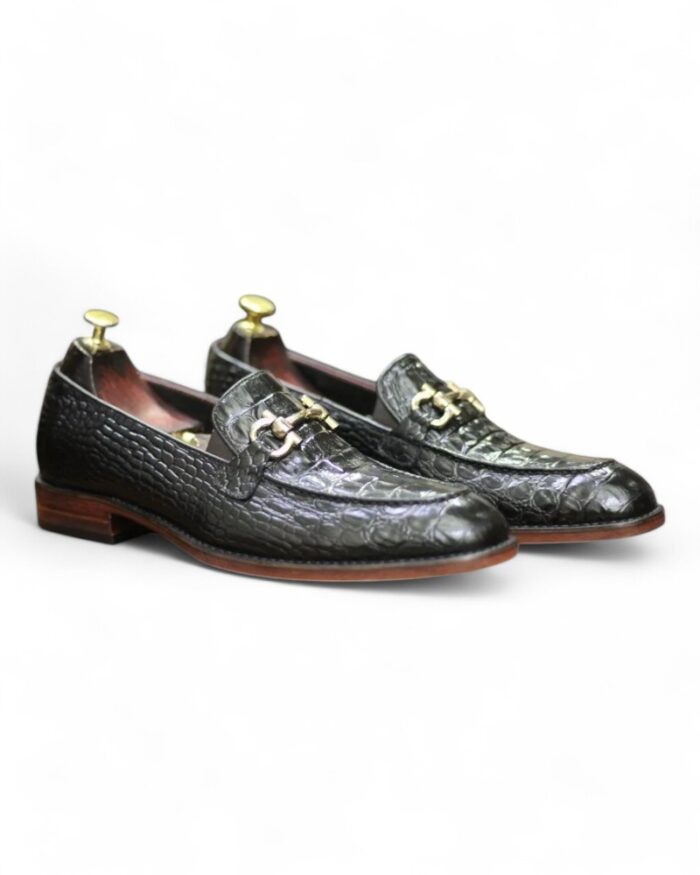 Men's Black Handmade Penny Loafers with Horse Bit Detail - Leather Edges