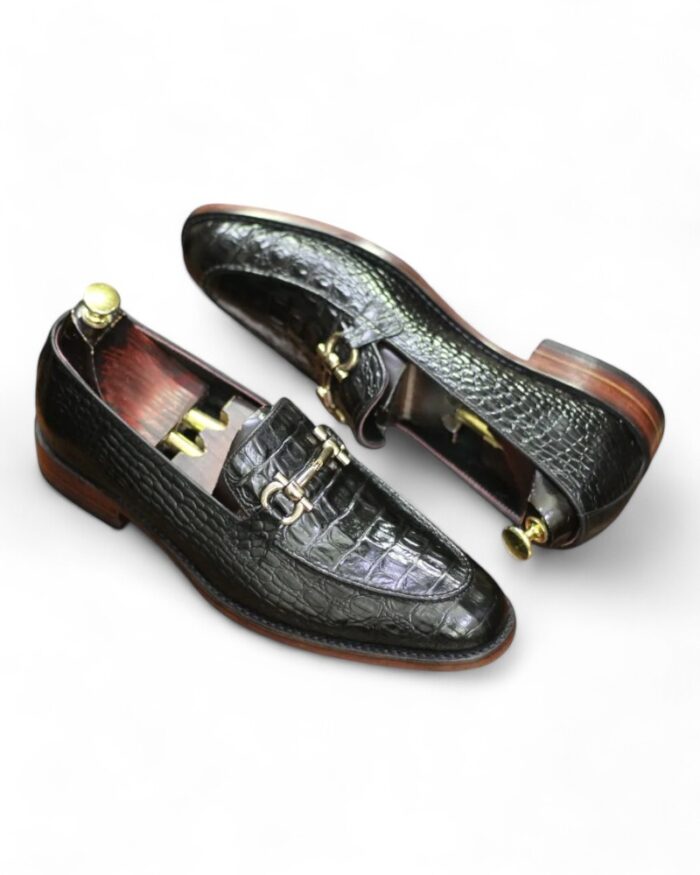 Men's Handmade Black Horse Bit Penny Loafer with Crocodile Texture Leather - Leather Edges