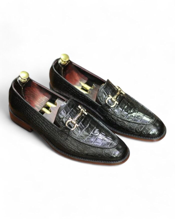 Men Horse Bit Crocodile Texture Black Laofers (4) Luxury Black Crocodile Texture Leather Penny Loafers for Men - Leather Edges