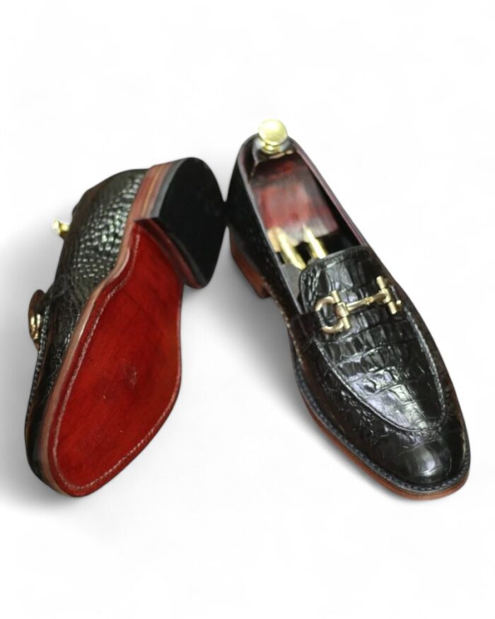 Elegant Handmade Black Horse Bit Loafers with Crocodile Leather - Leather Edges