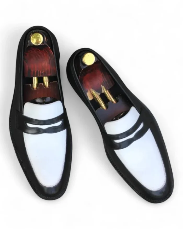 Mens Black Leather Penny White Loafers 1