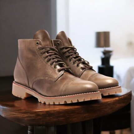 Handmade Casual Brown Cap Toe Leather Ankle Combat Boots for Men