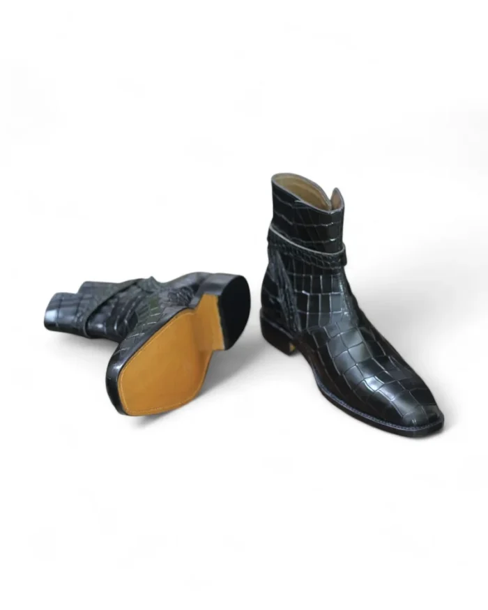 "Top view of bespoke Burgundy Alligator Texture Jodhpur Boots, showcasing intricate craftsmanship and a rich burgundy finish."