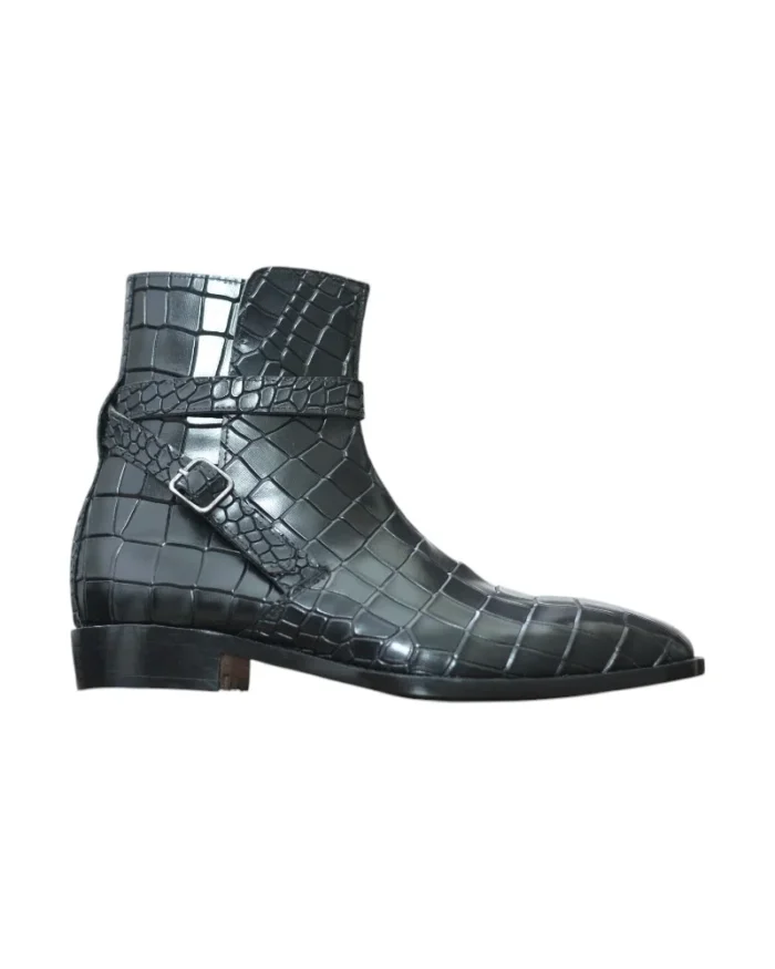 Back view of Burgundy Alligator Texture Men's Jodhpur Boots by Leather Edges, highlighting the handcrafted finish and durable build.