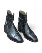 "Side profile of Burgundy Alligator Texture Men's Jodhpur Boots with a genuine leather upper and a refined buckle strap design."