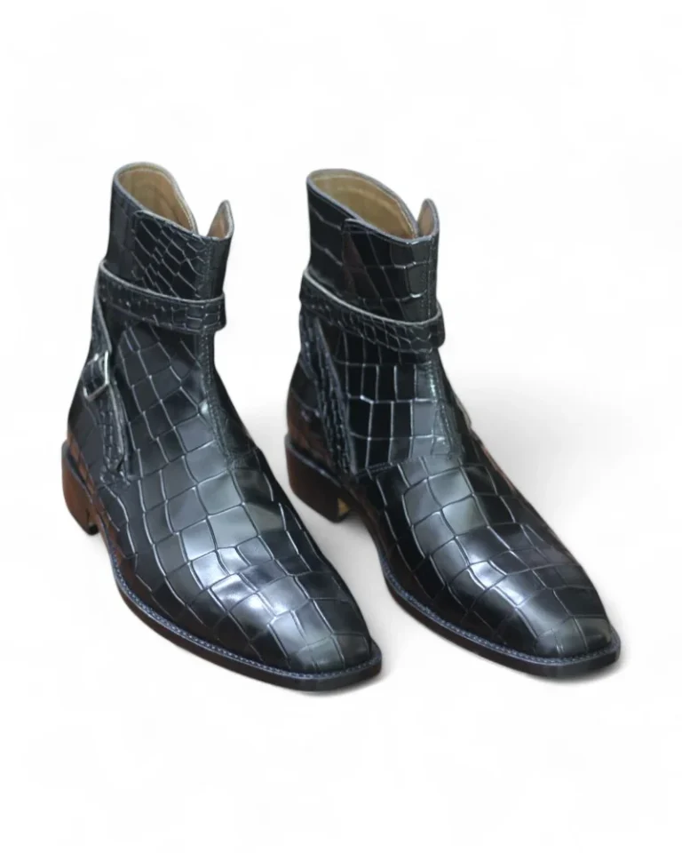 "Side profile of Burgundy Alligator Texture Men's Jodhpur Boots with a genuine leather upper and a refined buckle strap design."