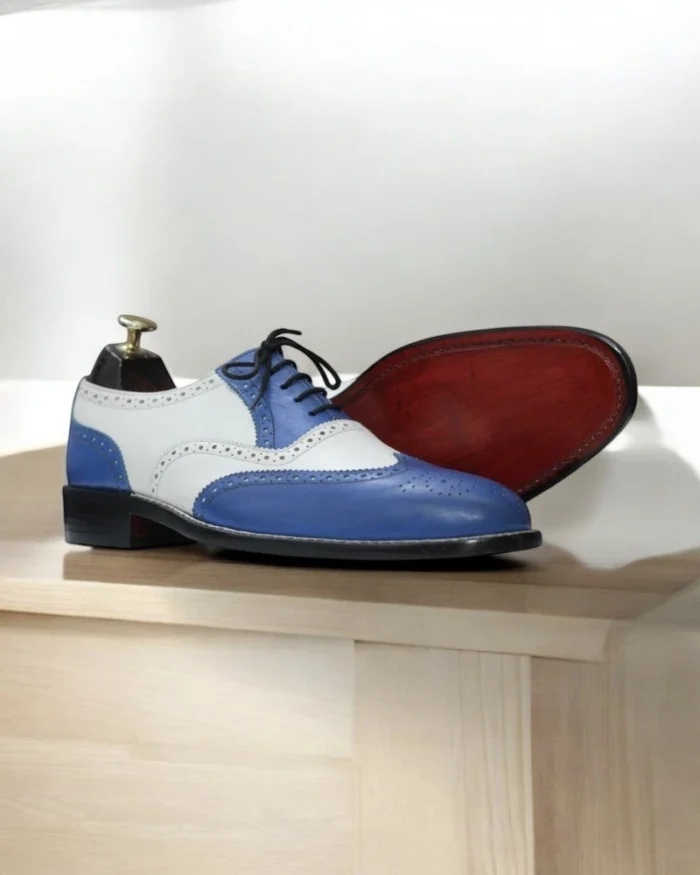 Blue White Derby Wing tip Leather shoes (3) Close-up of brogue detailing on Handmade Blue & White Derby Shoes