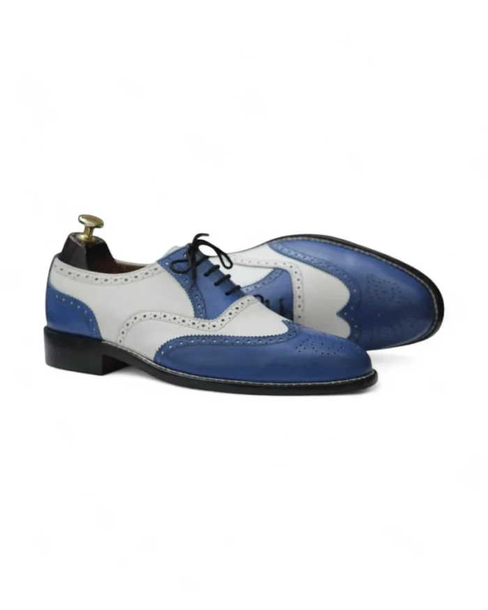 Luxury Handmade Blue & White Leather Wingtip Brogue Shoes for Men