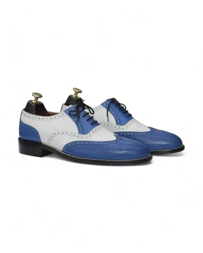Luxury Handmade Blue & White Leather Wingtip Brogue Shoes for Men