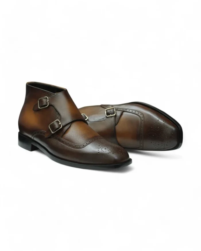 Bespoke double monk strap boots featuring a soft goat leather lining and a durable water buffalo sole for maximum comfort and durability.