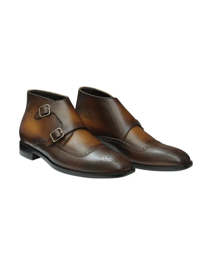 Stylish handmade men's leather ankle boots with a double monk strap design, perfect for formal and casual occasions.