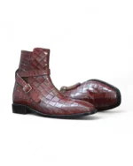Durable water buffalo sole of bespoke Burgundy Alligator Texture Jodhpur Boots, designed for longevity and traction.
