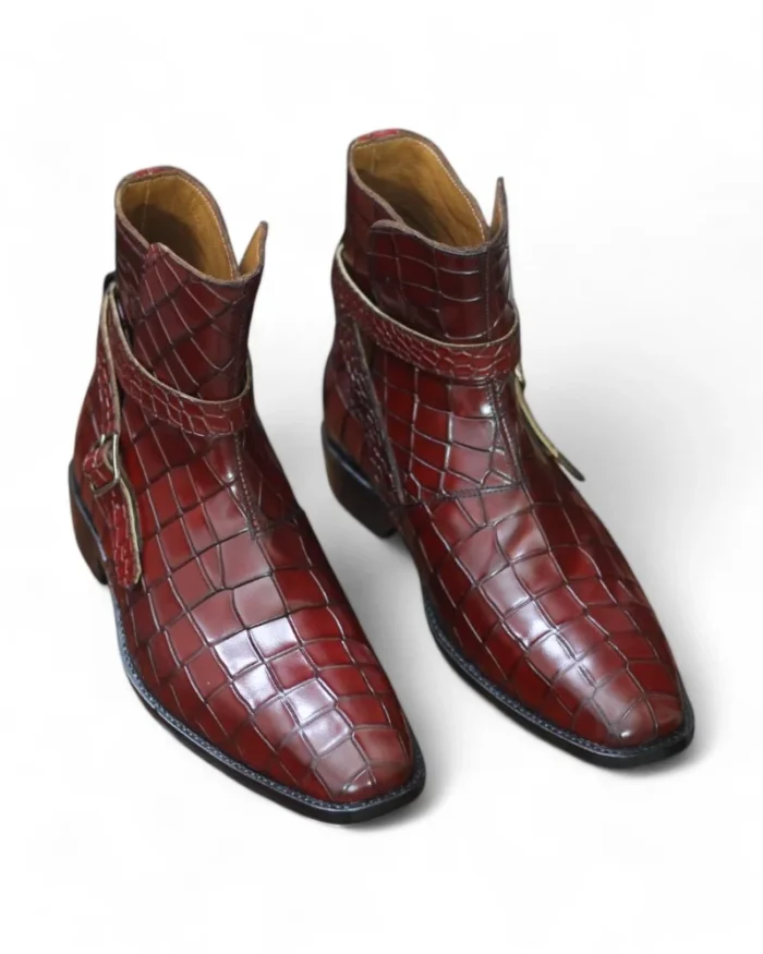 Back view of Burgundy Alligator Texture Men's Jodhpur Boots by Leather Edges, highlighting the handcrafted finish and durable build.