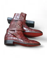 Leather Edges Burgundy Alligator Texture Jodhpur Boots paired with smart-casual clothing, making a bold fashion statement.