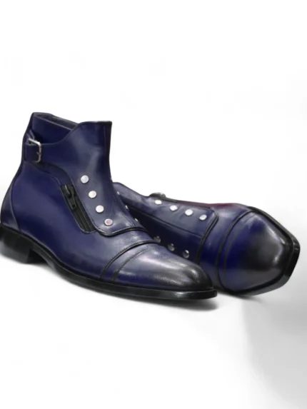 Men’s Navy Blue High-Tops Leather Boots styled with casual jeans – Lifestyle Image