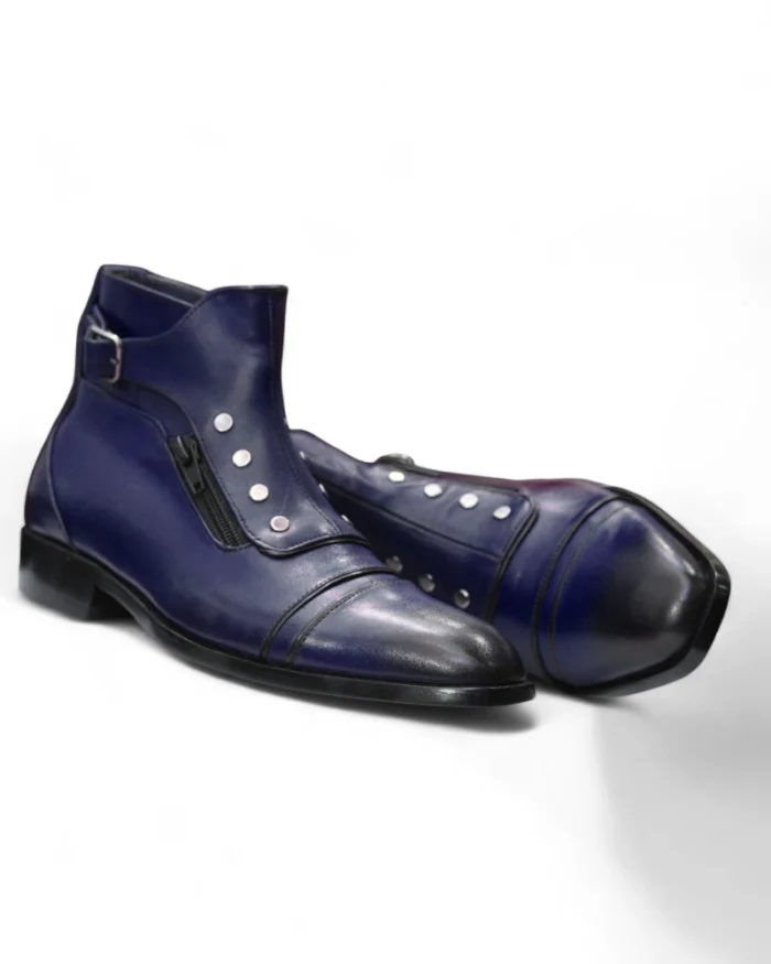 Men’s Navy Blue High-Tops Leather Boots styled with casual jeans – Lifestyle Image