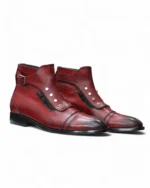 Men’s Classic High-Tops Leather Boots in Burgundy with Buckle Design – Front View