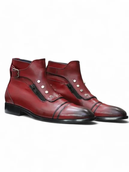 Men’s Classic High-Tops Leather Boots in Burgundy with Buckle Design – Front View