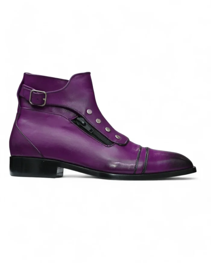 Packaging and branding of the New Men’s Classic High-Tops Leather Boots in Purple