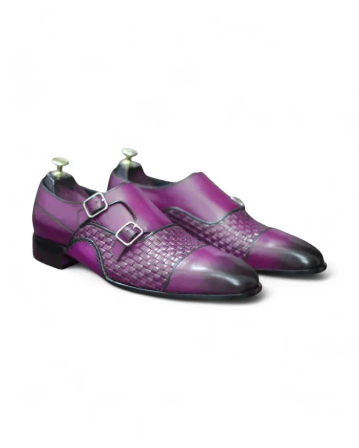 Durable water buffalo sole of Purple Double Monk Woven Leather Shoes, providing excellent traction and longevity.