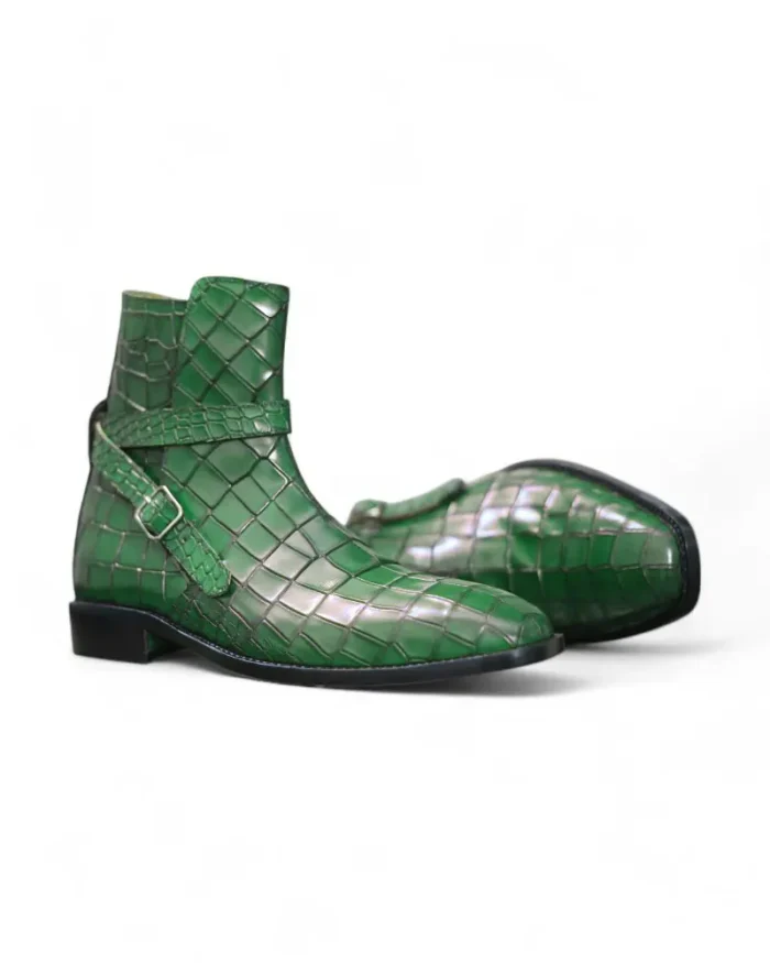 Leather Edges Green Alligator Texture Jodhpur Boots paired with smart-casual clothing, making a bold fashion statement.