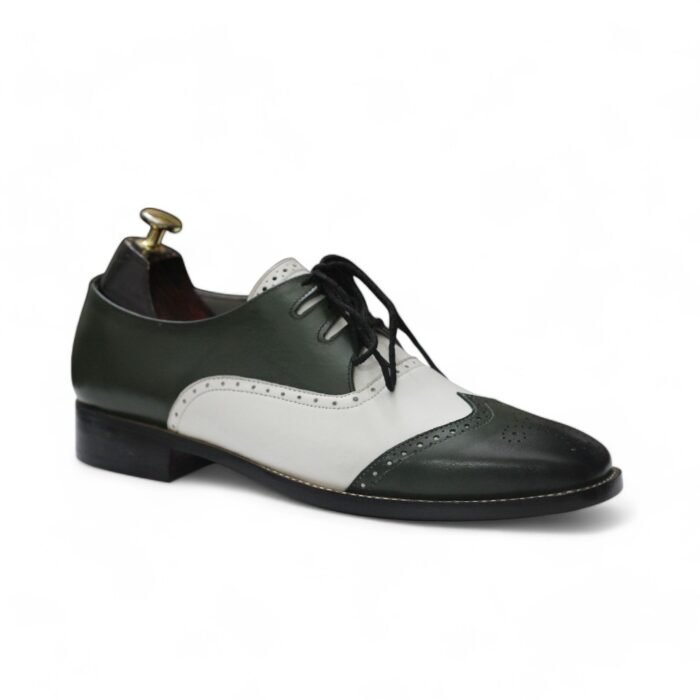 Premium Green & White Leather Derby Shoes for Men - Lace-Up Style