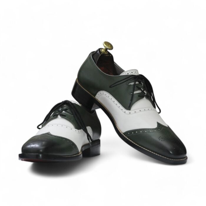 Side view of Handmade Men’s Green & White Derby Lace-Up Shoes