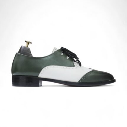 Premium Green & White Leather Derby Shoes for Men - Lace-Up Style