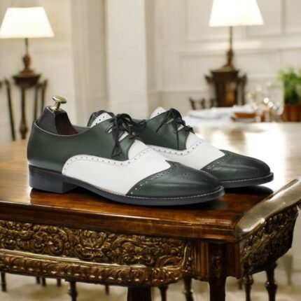 Handmade Men’s Green & White Derby Lace-Up Shoes - Leather Edges