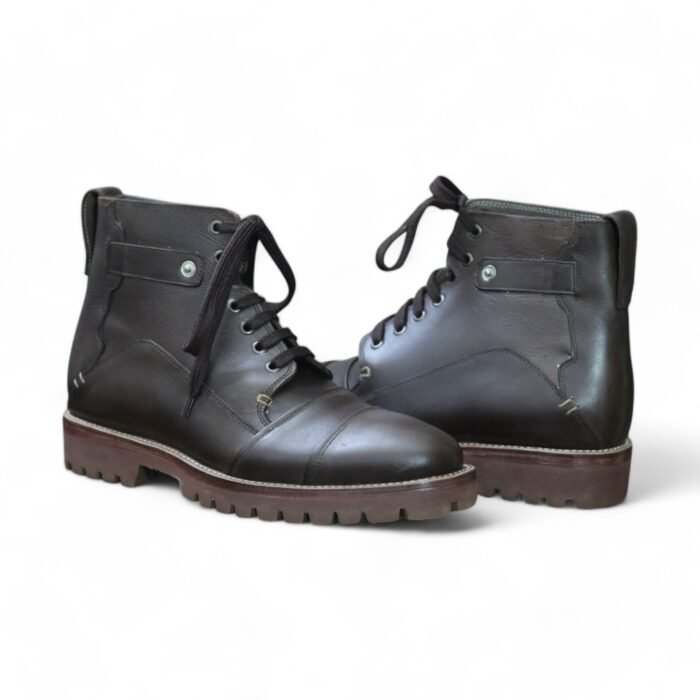 Durable Brown Leather Combat Boots with Rubber Sole for Men