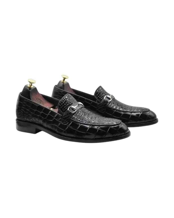 Crafted Men's Black Loafers – Alligator Print Leather with Premium Horse Bit Detail