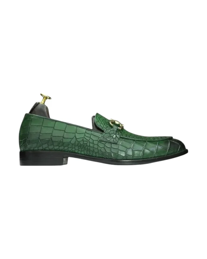 Luxury Men's Handmade Green Alligator Print Loafers with Elegant Horse Bit Detail