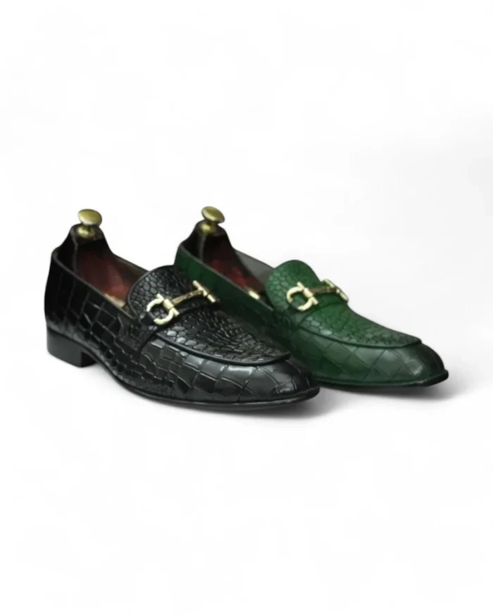 Men's Black Green Alligator Print Loafer Shoes – Stylish Handmade Design with Horse Bit Hardware