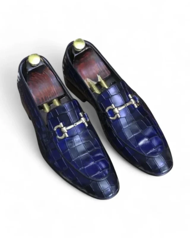 Men’s Designer Blue Alligator Print Loafer Shoes – Handmade with Distinctive Horse Bit Detail