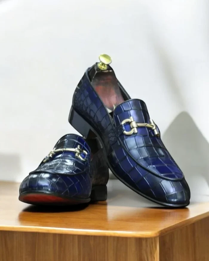 Handcrafted Men's Blue Alligator Print Loafers – Elegant Penny Loafer with Horse Bit Detail