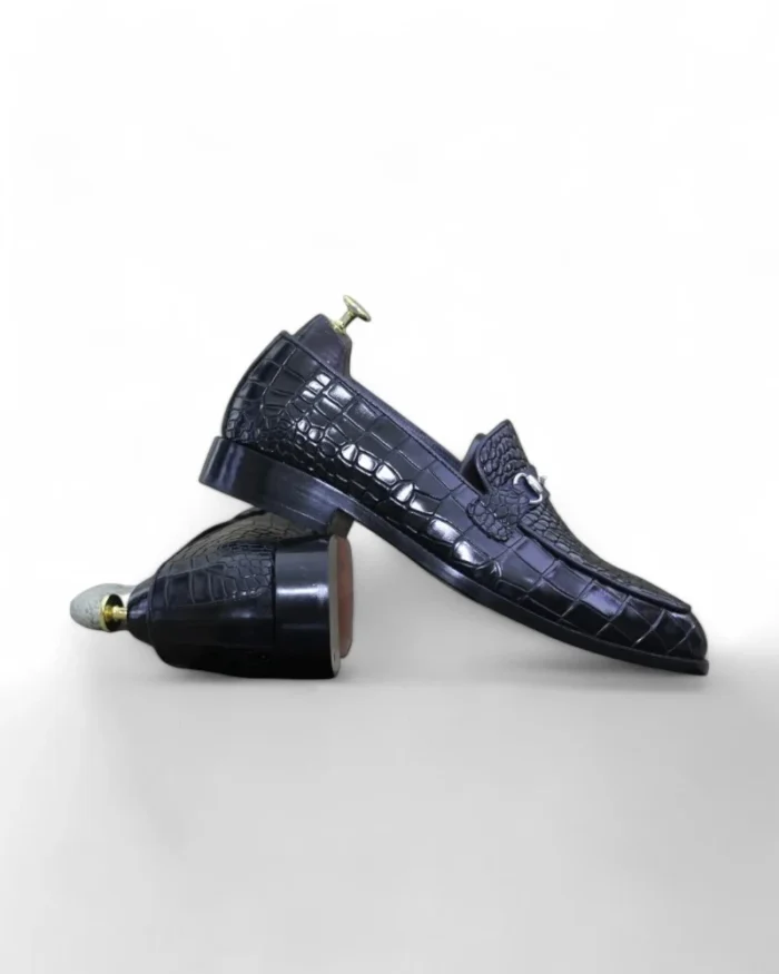 Luxury Black Alligator Print Penny Loafer Shoes for Men – Stylish Horse Bit Accents
