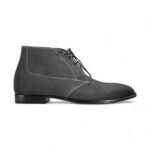 Grey suede chukka boots for men with a classic lace-up design.