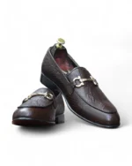 Back view of Men's Brown Anaconda Snake Print Penny Loafers by Leather Edges, highlighting the sleek, handcrafted design