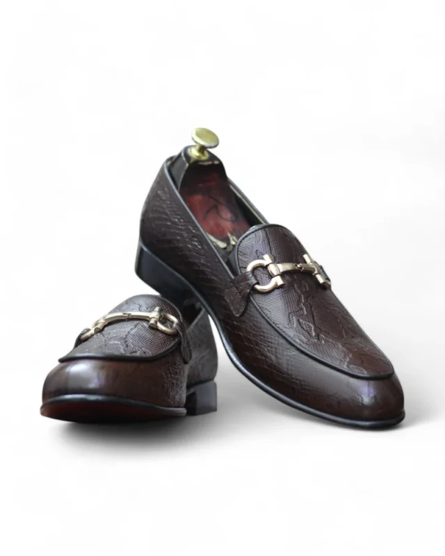 Back view of Men's Brown Anaconda Snake Print Penny Loafers by Leather Edges, highlighting the sleek, handcrafted design