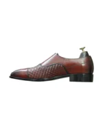 Top view of Burgundy Double Monk Woven Leather Shoes, showcasing intricate craftsmanship and a luxurious woven pattern.