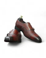Side profile of Men's Burgundy Double Monk Woven Leather Shoes, featuring a unique handwoven design and durable construction.