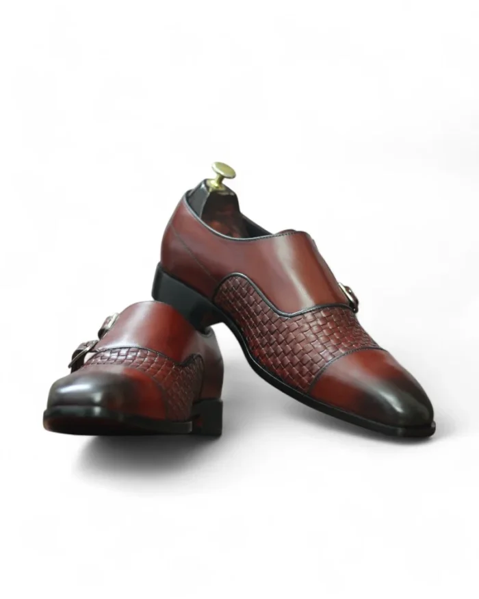 Side profile of Men's Burgundy Double Monk Woven Leather Shoes, featuring a unique handwoven design and durable construction.