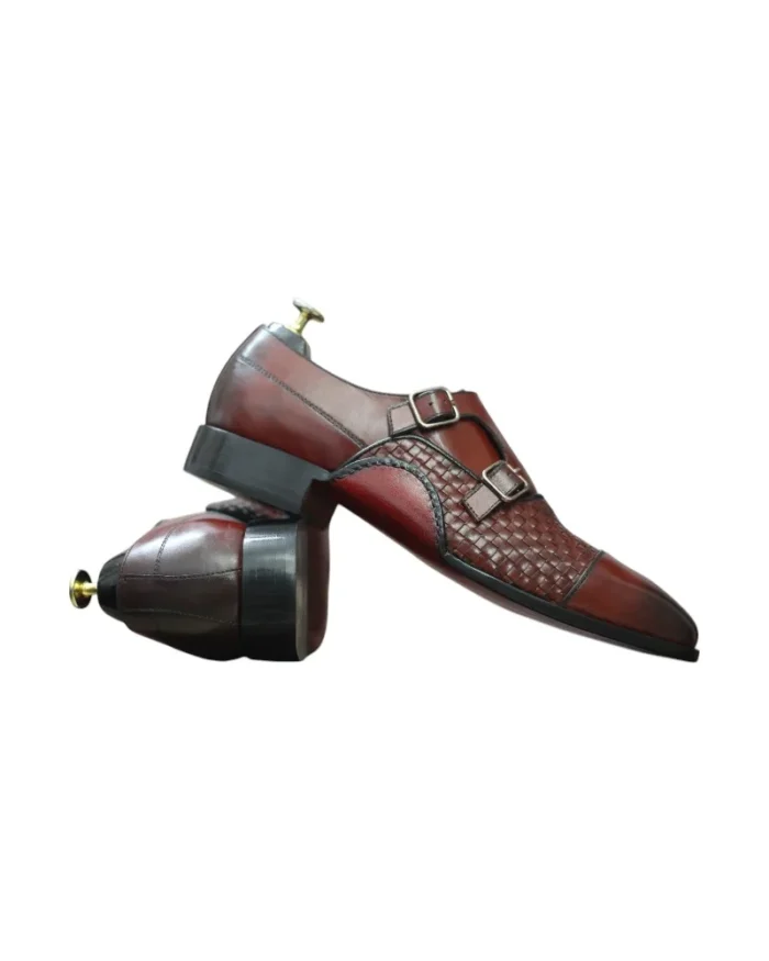 Back view of Men's Burgundy Double Monk Woven Leather Shoes, highlighting the polished finish and sturdy construction by Leather Edges.